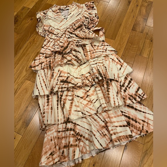 Marie Oliver Tie-Dye Ruffle Midi Dress in Cream and Brown - Picture 5 of 7
